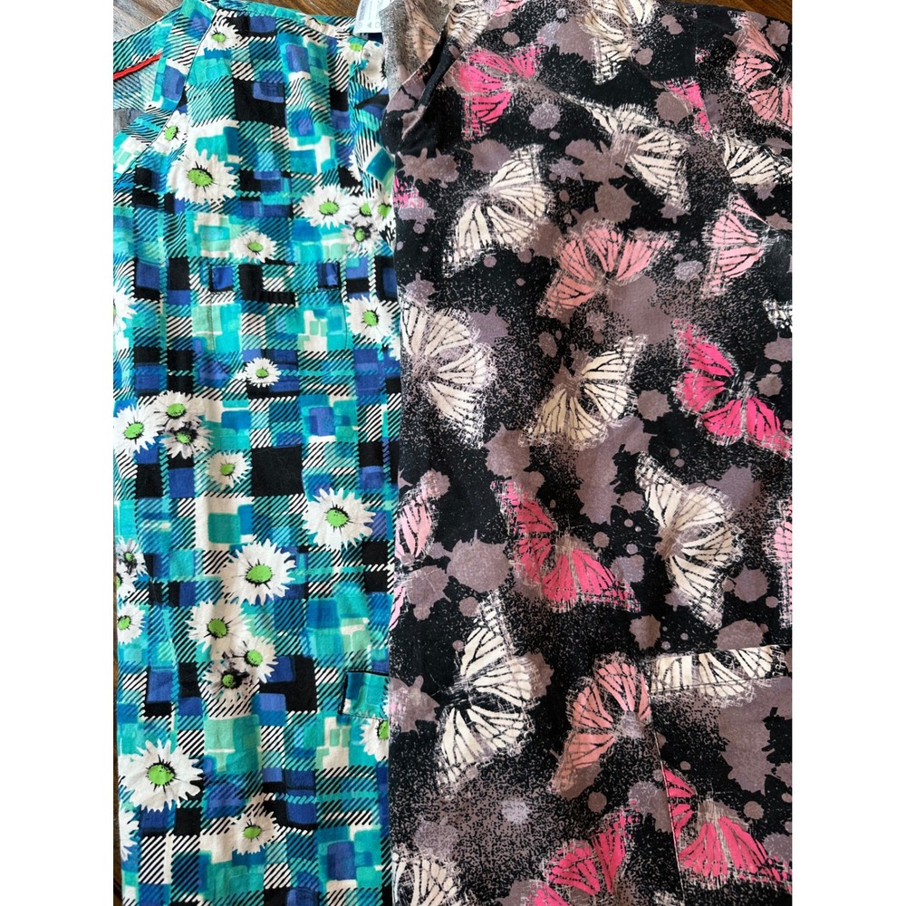 Lot 2 White Cross‎ Sanibel Scrubs Tops XXL Blue Daisy Pink Butterfly V-Neck XXL